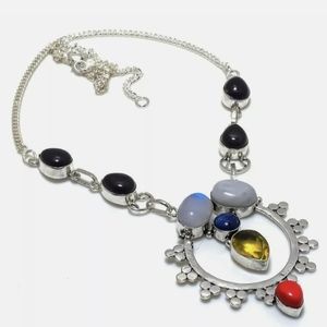 New Rainbow Moonstone, Coral 925 Silver Necklace.